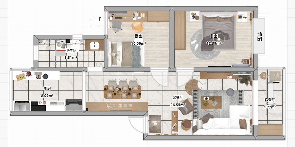 朱彦｜广厦嘉苑9-2-203-85㎡-简约风格｜2室2厅1卫｜老房翻新｜定制家￥120900｜全包12万｜00_03平面彩图